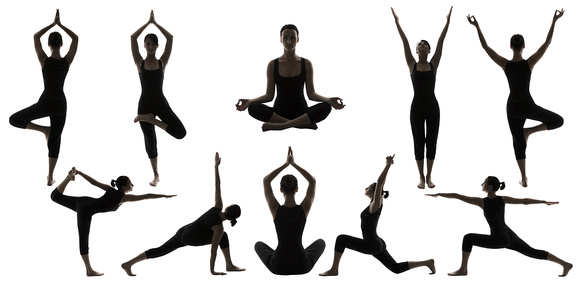 Silhouette Yoga Poses on White, Woman Asana Position Exercise
